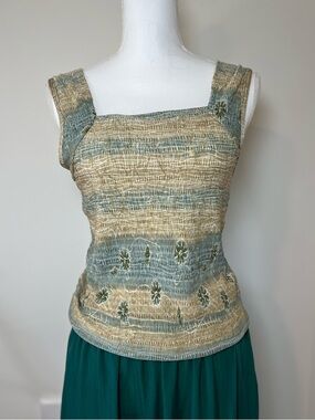 Pleat Pleat Vintage 90s/Y2K Green Floral Tank Teal Tie Dye Boho Hippie Core 🌿🌀